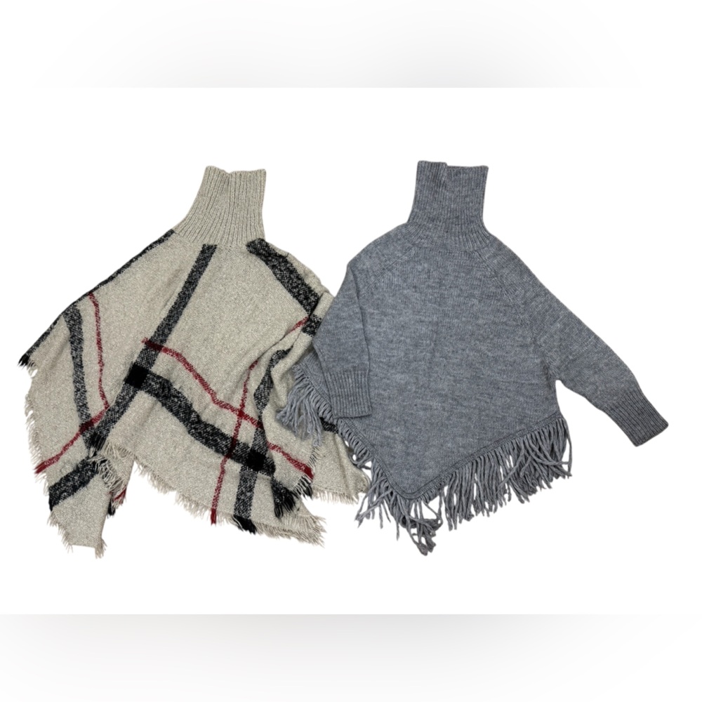 Gray and Cream Women's Sweater Tassels Poncho Cape Bundle One Size
